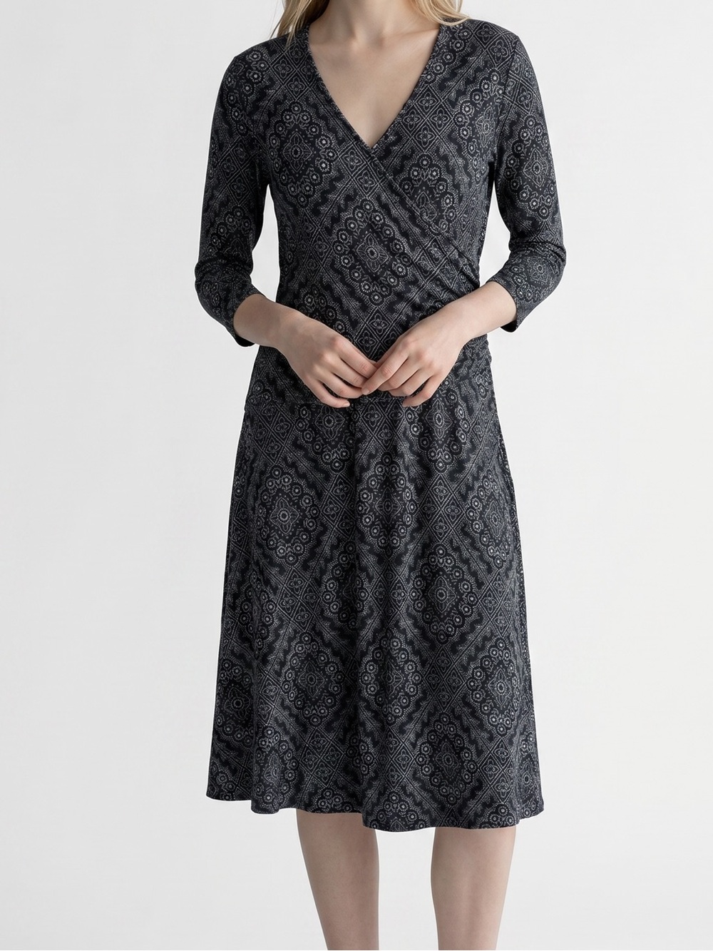 Garnet Hill Brianna Surplice Black White Printed Faux Wrap Dress, Size Small